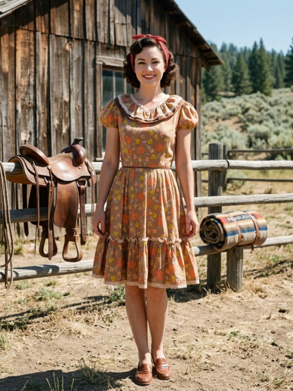 Vtg 50s Western Ranch Prairie cowgirl autumn fall leaves halloween dress